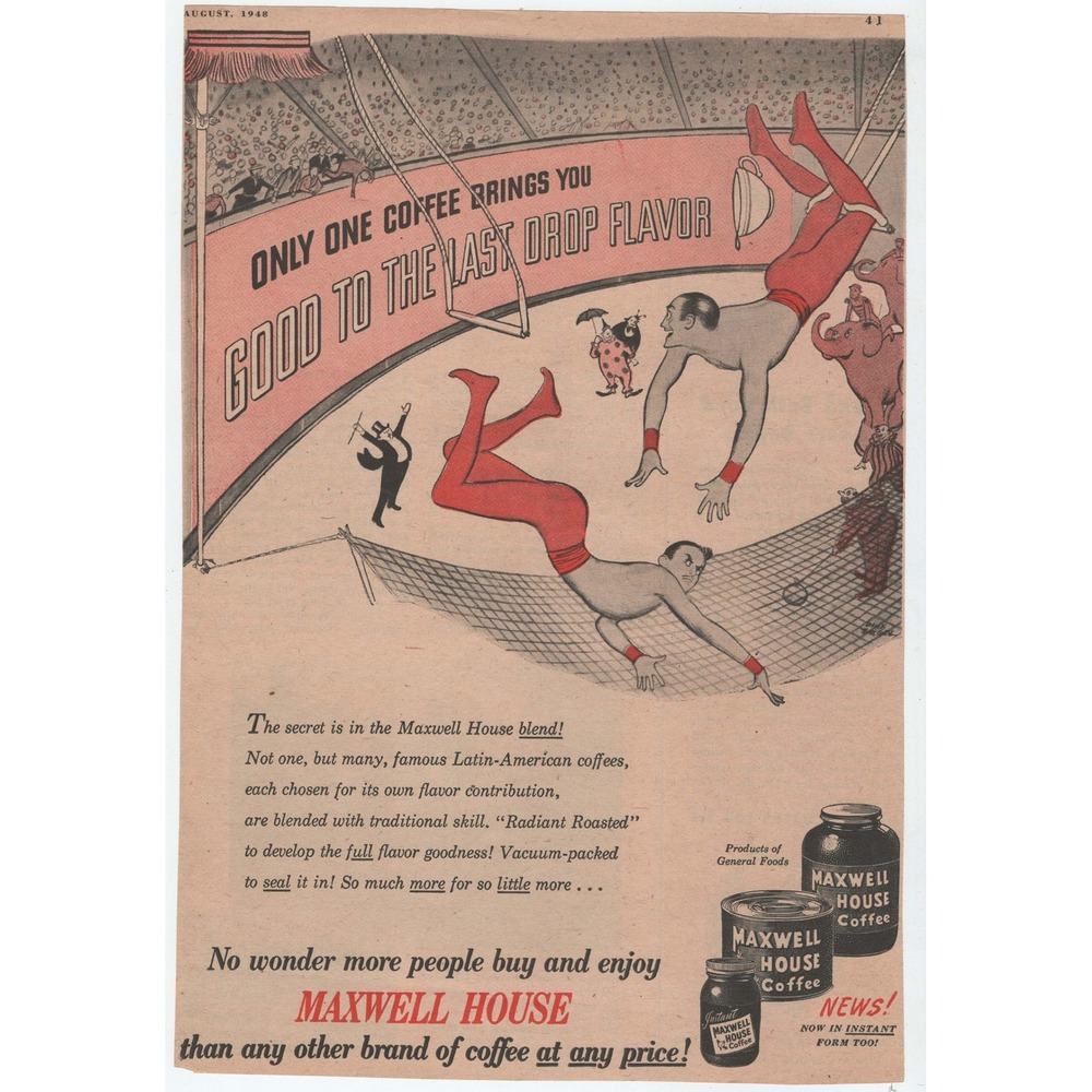 Vintage 1948 Maxwell House Coffee Print Ad Circus Trapeze Good to the Last Drop - Picture 1 of 1